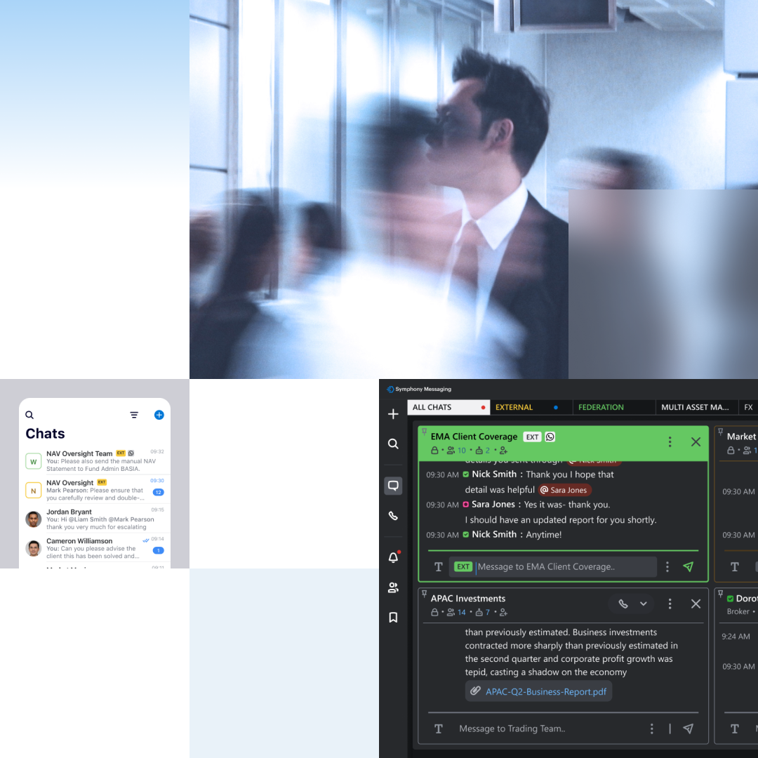 Symphony Messaging UI showing desktop and mobile app